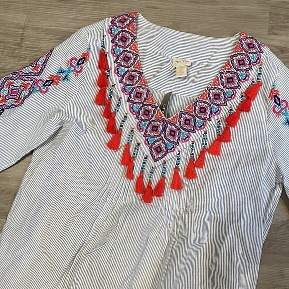 Chico's Women's Blue Embroidered Bohemian Tassel Blouse Top - Size Small - Picture 2 of 8